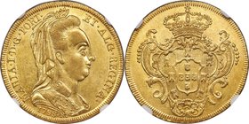 Maria I gold 6400 Reis 1788-R AU58 NGC, Rio de Janeiro mint, KM218.1, LMB-525. Veiled bust type. A crisp example edging on Mint State condition. From ...