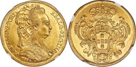 Maria I gold 6400 Reis 1789-R MS64 NGC, Rio de Janeiro mint, KM226.1, LMB-527. Bejeweled headdress type. Visually and technically unrivaled for the ty...