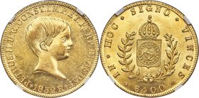 Pedro II gold 6400 Reis 1832-R UNC Details (Reverse Spot Removed) NGC, Rio de Janeiro mint, KM387.1, LMB-613. "Open mouth" variety. An example display...