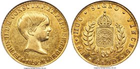 Pedro II gold 6400 Reis 1832-R AU50 NGC, Rio de Janeiro mint, KM387.1. "Open mouth" variety. A slight apricot tone and little actual wear to the devic...