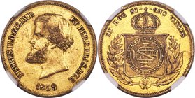 Pedro II gold 10000 Reis 1859 AU55 NGC, Rio de Janeiro mint, KM467, LMB-651. A bright and lustrous coin with the light surface abrasions typically see...