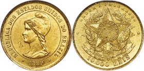 Republic gold 10000 Reis 1889 MS62 NGC, Rio de Janeiro mint, KM496. The first year of this scarce issue, having a mintage of only 7,302 pieces. This c...
