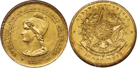 Republic gold 10000 Reis 1897 AU53 NGC, Rio de Janeiro mint, KM496. Boldly struck with bright, sunny surfaces and strong luster

HID09801242017