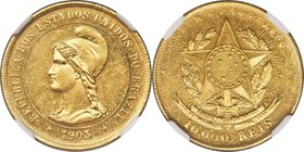 Republic gold 10000 Reis 1903 MS62 NGC, Rio de Janeiro mint, KM496, LMB-698. Lightly reflective with a uniform glowing luster in the fields. Only 391 ...