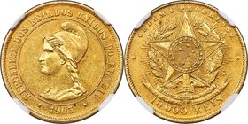 Republic gold 10000 Reis 1903 MS60 NGC, Rio de Janeiro mint, KM496, LMB-698. One of only 391 struck, and a desirable target at the Mint State tier thu...
