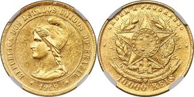 Republic gold 10000 Reis 1919 MS63 NGC, Rio de Janeiro mint, KM496, LMB-708. Mintage: 526. Carefully preserved and, as a result, offering sound visual...