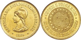 Republic gold 20000 Reis 1889 MS60 NGC, Rio de Janeiro mint, KM497, Fr-124. A handsome piece with a florid mint luster and the subtlest of tone. 

H...