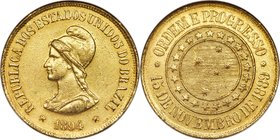 Republic gold 20000 Reis 1894 AU58 NGC, Rio de Janeiro mint, KM497, Fr-124. Mintage: 4,267. Strong strike and attractive coloration. 

HID0980124201...