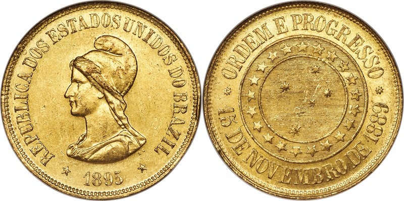 Republic gold 20000 Reis 1895 MS62 NGC, Rio de Janeiro mint, KM497. Lightly tone...