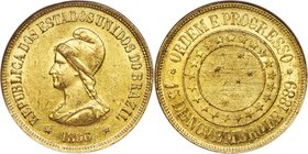 Republic gold 20000 Reis 1896 MS61 NGC, Rio de Janeiro mint, KM497. Mintage: 7,043. Strong mint luster remains along with typical surface abrasions. ...