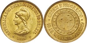 Republic gold 20000 Reis 1897 MS62 NGC, Rio de Janeiro mint, KM497. The fields shimmer with golden mint luster. 

HID09801242017
