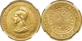 Republic gold 20000 Reis 1908 AU55 NGC, Rio de Janeiro mint, KM497, LMB-727. Mintage: 6,001. Gently circulated with luminous brilliance bordering the ...