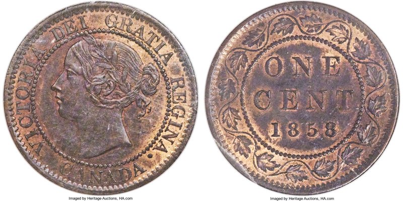 Victoria Cent 1858 MS63 Red and Brown ICCS, London mint, KM1. Fully choice, with...