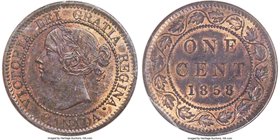 Victoria Cent 1858 MS63 Red and Brown ICCS, London mint, KM1. Fully choice, with an appealing dispersion of tone that creates a color gradient from su...