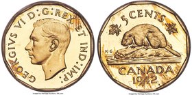 George VI tombac Specimen 5 Cents 1942 SP66 PCGS, Royal Canadian mint, KM39. A bold example with highly reflective surfaces and matte devices, as well...