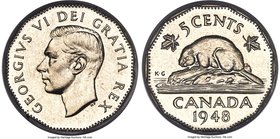 George VI Specimen 5 Cents 1948 SP66 PCGS, Royal Canadian mint, KM42. A handsome coin with deep mirroring and boldly reflective surfaces. From the Jam...