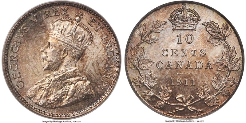 George V 10 Cents 1911 MS67 PCGS, Ottawa mint, KM17. The coin exhibits subtle to...