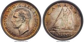 George VI Matte Specimen 10 Cents 1937 SP67 PCGS, Royal Canadian mint, KM43. A beautifully toned coin with wonderful iridescent tones of lavender, apr...