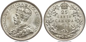 George V 25 Cents 1933 MS67 PCGS, Royal Canadian mint, KM24a. A bright white and lustrous offering of near-perfect quality, so pristine as to appear s...