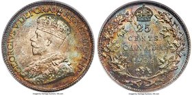 George V "Dot" 25 Cents 1936 MS66 PCGS, Royal Canadian mint, KM24a. An incredible premium gem with intense rainbow toning to both obverse and reverse,...