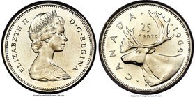 Elizabeth II Mint Error - Overstruck Prooflike 25 Cents 1969 PL66 PCGS, Royal Canadian mint, KM62b. Overstruck on a silver 1964 25 Cents. A very scarc...