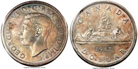 George VI "Pointed 7 - Quadrupled HP" Dollar 1947 MS64 ICCS, Royal Canadian mint, KM37. Pointed 7, Quadrupled HP variety. Deeply toned in multicolored...