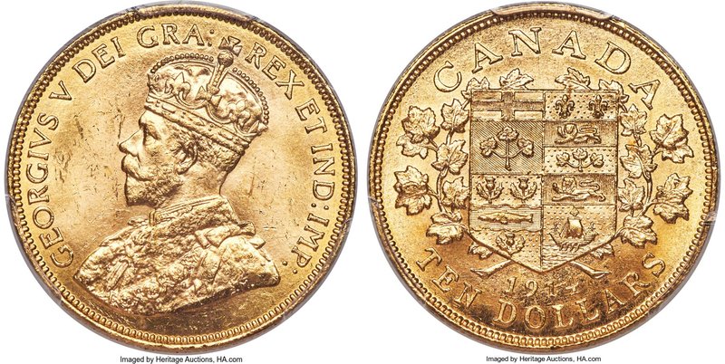 George V gold 10 Dollars 1914 MS64+ PCGS, Ottawa mint, KM27. Bright golden luste...