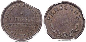 Lower Canada "Bout De L'Isle" Token ND (1808) AU53 Brown NGC, BT-8. Personne (Person) type, coin rotation variety. For use from Montreal to Repentigny...