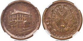 Lower Canada. Bank of Montreal "Side View" 1/2 Penny Token 1838 MS62 Brown NGC, LC-10A4. Variety with 8 palings in the right fence, 3 to the left of t...