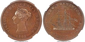 New Brunswick. Victoria bronzed Proof "Bust / Ship" Penny Token 1843 PR64 Brown NGC, Br-909, NB-2A. This glossy, near-gem Proof offering reveals excee...