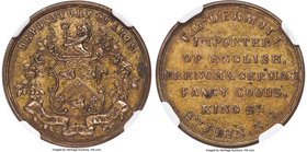 New Brunswick Private 1/2 Penny Token ND (1845) MS63 Brown NGC, Br-914 (R4), NB-3. F. McDermott, importer. An early business card which likely saw som...