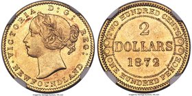 Newfoundland. Victoria gold 2 Dollars 1872 MS61 NGC, London mint, KM5. Mintage: 6,050. A key date in the series, which, accordingly, finds itself cont...