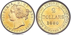 Newfoundland. Victoria gold 2 Dollars 1880 AU58 PCGS, London mint, KM5. Bold design details with aged patina and highly lustrous surfaces, a superior ...