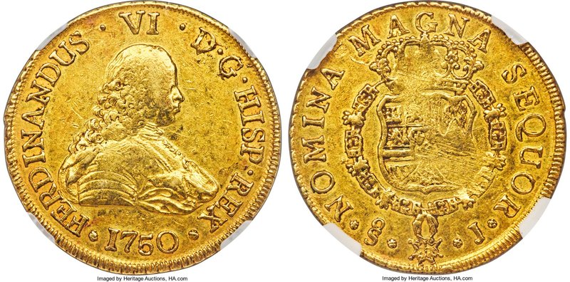 Ferdinand VI gold 8 Escudos 1750 So-J AU50 NGC, Santiago mint, KM3, Onza-642. An...