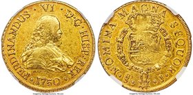 Ferdinand VI gold 8 Escudos 1750 So-J AU50 NGC, Santiago mint, KM3, Onza-642. An attractive orange-gold color graces the surfaces of the planchet, wit...