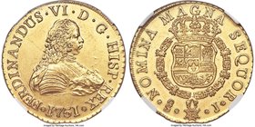 Ferdinand VI gold 8 Escudos 1751 So-J MS61 NGC, Santiago mint, KM3. A crisply struck, Mint State example with a few wispy hairlines in the obverse fie...