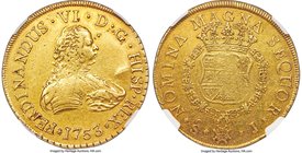 Ferdinand VI gold 8 Escudos 1753 So-J AU53 NGC, Santiago mint, KM3, Onza-647. Struck just slightly high, with an expressive bust of Ferdinand retainin...
