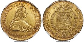 Ferdinand VI gold 8 Escudos 1754 So-J AU55 NGC, Santiago mint, KM3. Considerable mint luster remains beneath a dark saffron-gold chroma with light ros...