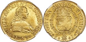 Ferdinand VI gold 8 Escudos 1757 So-J AU53 NGC, Santiago mint, KM3. This handsome coin exhibits nice mint bloom along the peripheries and an attractiv...