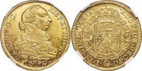 Charles IV gold 8 Escudos 1790 So-DA AU58 NGC, Santiago mint, KM42. Only very minimal circulation wear evident for the grade, and exhibiting a rich ho...