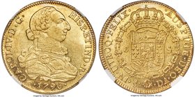 Charles IV gold 8 Escudos 1790 So-DA AU55 NGC, Santiago mint, KM42. Minimal wear with light toning and ample original luster. A couple of small lamina...
