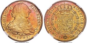 Charles IV gold 8 Escudos 1791 So-DA MS62 NGC, Santiago mint, KM54. With CAROL IIII. Largely toned on the obverse with coppery-red hues, mint luster r...