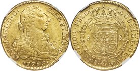 Charles IV gold 8 Escudos 1796 So-DA AU55 NGC, Santiago mint, KM54. Strong luster evident in the fields, especially noticeable on the reverse, and a b...