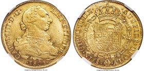 Charles IV gold 8 Escudos 1801 So-AJ XF45 NGC, Santiago mint, KM54. Subtle apricot tones hidden in the protected recesses, a few barely significant pl...