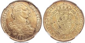 Charles IV gold 8 Escudos 1803 So-FJ AU55 NGC, Santiago mint, KM54, Fr-23. Exhibiting only light circulation wear and benefitting from a well-centered...