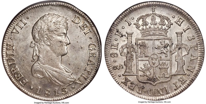 Ferdinand VII 8 Reales 1813 So-FJ MS61 NGC, Santiago mint, KM80. Bold features a...