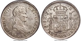 Ferdinand VII 8 Reales 1813 So-FJ MS61 NGC, Santiago mint, KM80. Bold features and plenty of luster. One of only two Mint State examples graded by NGC...