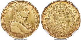 Ferdinand VII gold 8 Escudos 1808 So-FJ AU55 NGC, Santiago mint, KM72. A lovely example with a bold strike and well-featured design of the king, light...