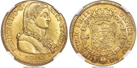 Ferdinand VII gold 8 Escudos 1810 So-FJ AU55 NGC, Santiago mint, KM72. Inverted mintmark. Bright luster underlying a light honey-gold chroma with hint...