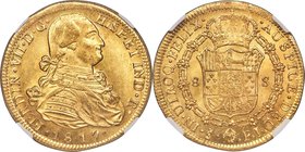 Ferdinand VII gold 8 Escudos 1817/8 So-FJ MS63 NGC, Santiago mint, KM78. A lovely coin which exhibits full mint brilliance and a handsome lemony-gold ...